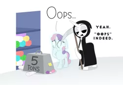 Size: 4314x3010 | Tagged: safe, artist:zutheskunk, derpibooru import, sweetie belle, ponified, ghost, pony, unicorn, absurd resolution, accidental death, blank flank, closet, corpse, crushed, dark comedy, dead, death, dialogue, door, duo, fabric, female, filly, floppy ears, grim reaper, instant karma, karma, mare, note, scythe, simple background, spirit, sticky note, sweetie fail, vector, weight