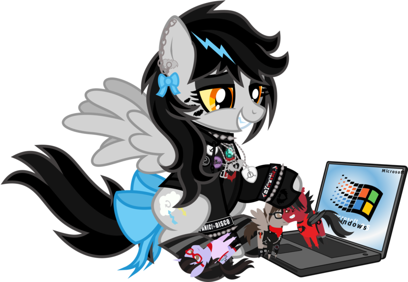 Size: 1811x1251 | Tagged: safe, artist:lightningbolt, derpibooru import, oc, oc:lightning dee, ponified, unofficial characters only, bat pony, pegasus, pony, unicorn, .svg available, bow, brendon urie, button, choker, clandestine industries, clothes, cobra starship, colored sclera, computer, death spells, diamond, dyed mane, ear piercing, earring, emo, eyeliner, eyeshadow, face paint, fall out boy, fangs, female, figure, fingerless gloves, frnkiero andthe cellabration, glasses, gloves, grin, hair bow, hoodie, hoof hold, implied gay, implied shipping, jewelry, laptop computer, leathermøuth, lidded eyes, long mane, looking down, makeup, mare, messy mane, mikey way, minecraft, my chemical romance, necklace, open mouth, panic! at the disco, pete wentz, piercing, pin, playing, pointy ponies, raised hoof, ribbon, shipper on deck, shirt, shoes, simple background, sitting, smiling, socks, solo, spiked choker, spiked wristband, spread wings, striped socks, svg, tail bow, toy, transparent background, undershirt, vector, windows, windows 95, wings, wristband, yellow sclera, zipper