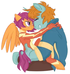 Size: 910x961 | Tagged: safe, artist:dbkit, derpibooru import, scootaloo, snips, anthro, pegasus, unguligrade anthro, unicorn, clothes, cute, eyes closed, female, male, mare, older, older scootaloo, older snips, scootasnips, shipping, smiling, stallion, story in the source, straight