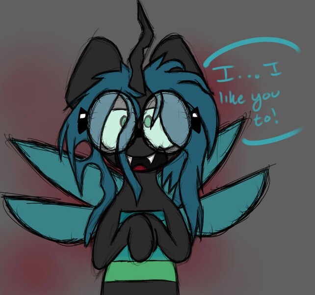 Size: 856x800 | Tagged: artist:booker-the-dewitt, changeling, derpibooru import, dork, dorkalis, glasses, grammar error, queen chrysalis, safe, sketch, solo