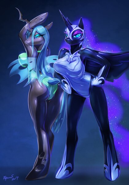Size: 840x1200 | Tagged: suggestive, artist:equus, derpibooru import, nightmare moon, queen chrysalis, alicorn, anthro, changeling, unguligrade anthro, arm hooves, bedroom eyes, breasts, bugbutt, busty nightmare moon, busty queen chrysalis, clothes, duo, duo female, female, females only, leotard, looking at you, mare, one-piece swimsuit, stupid sexy chrysalis, stupid sexy nightmare moon, swimsuit