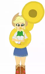 Size: 622x1023 | Tagged: safe, artist:haleyc4629, derpibooru import, applejack, equestria girls, friendship games, apple, boots, breasts, clothes, cowboy boots, cowboy hat, cowgirl, denim skirt, female, hat, musical instrument, playing instrument, skirt, solo, sousaphone, stetson, tuba, tubajack