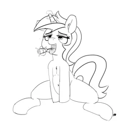 Size: 1280x1331 | Tagged: safe, artist:pabbley, derpibooru import, minuette, pony, 30 minute art challenge, glowing horn, monochrome, sitting, solo, tongue out, toothbrush