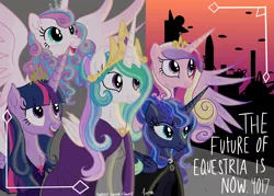 Size: 4823x3445 | Tagged: safe, artist:darkest-lunar-flower, derpibooru import, princess cadance, princess celestia, princess flurry heart, princess luna, twilight sparkle, twilight sparkle (alicorn), alicorn, pony, absurd resolution, alicorn pentarchy, alternate universe, city, cityscape, hilarious in hindsight, older, older twilight