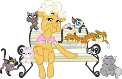 Size: 941x612 | Tagged: safe, artist:punzil504, derpibooru import, goldie delicious, cat, earth pony, pony, siamese cat, every little thing she does, animal, bell, bell collar, bench, collar, crazy cat lady, female, goldie delicious' cats, licking, mare, simple background, too many cats, transparent background