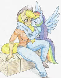 Size: 4569x5809 | Tagged: safe, artist:flicker-show, derpibooru import, applejack, rainbow dash, anthro, earth pony, pegasus, absurd resolution, appledash, blushing, breasts, clothes, cowboy hat, female, freckles, hat, hay bale, jeans, kissing, lesbian, multicolored hair, muscles, one eye closed, pants, plaid shirt, rainbuff dash, shipping, shirt, shoes, simple background, sitting, smiling, stetson, traditional art, white background