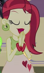 Size: 375x618 | Tagged: safe, derpibooru import, screencap, cherry crash, rose heart, teddy t. touchdown, equestria girls, friendship games, background human, bracelet, chs rally song, cropped, ear piercing, earring, eyes closed, heart, jewelry, lipstick, open mouth, piercing, smiling, solo focus