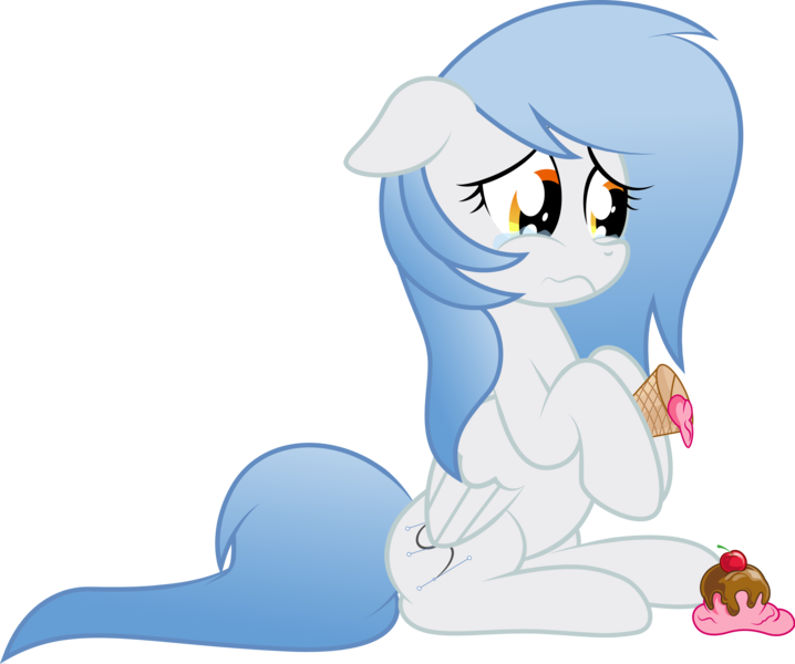 Size: 3500x2926 | Tagged: safe, artist:rainbownspeedash, derpibooru import, oc, oc:vector cloud, unofficial characters only, pegasus, pony, crying, dropped ice cream, female, floppy ears, food, hoof hold, ice cream, mare, sad, simple background, sitting, solo, transparent background, vector, wavy mouth