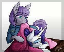 Size: 2923x2376 | Tagged: safe, artist:yumeyuuheii, derpibooru import, maud pie, rarity, earth pony, pony, unicorn, blanket, female, high res, horn ring, jewelry, lesbian, mouth hold, necklace, rarimaud, shipping, sleeping, table