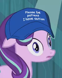 Size: 342x432 | Tagged: safe, derpibooru import, edit, edited screencap, screencap, starlight glimmer, pony, unicorn, the crystalling, autism, cap, cropped, derp, dilated pupils, faic, female, floppy ears, frown, hat, mare, meme, open mouth, please be patient i have autism, solo, wat, wide eyes