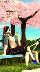 Size: 2160x3840 | Tagged: 3d, anthro, anthro oc, artist:gbrushandpaint, bicycle, bird, breasts, butterfly, clothes, crossed legs, derpibooru import, female, grass, mare, oc, oc:kimiko, plantigrade anthro, safe, shoes, sitting, smiling, source filmmaker, tree, unofficial characters only