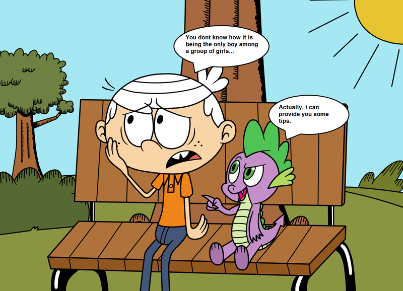 Size: 2179x1575 | Tagged: artist:eagc7, bench, bush, clothes, commission, crossover, derpibooru import, dialogue, dragon, human, lincoln loud, male, nickelodeon, safe, spike, sun, the loud house, tree