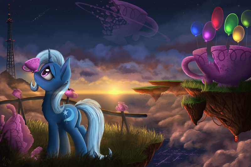 Size: 2000x1338 | Tagged: safe, artist:atlas-66, derpibooru import, trixie, pony, unicorn, all bottled up, bad end, balancing, balloon, city, cloud, cup, female, floating island, lonely, mare, ponies balancing stuff on their nose, radio tower, sad, scenery, solo, sunset, surreal, teacup, that pony sure does love teacups, twilight (astronomy)
