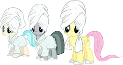 Size: 5134x2730 | Tagged: safe, artist:ironm17, derpibooru import, coco pommel, fluttershy, marble pie, earth pony, pegasus, pony, absurd resolution, bathrobe, clothes, female, simple background, slippers, the council of shy ponies, towel, transparent background, trio, trio female, vector