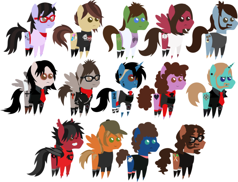 Size: 4524x3462 | Tagged: safe, artist:lightningbolt, derpibooru import, ponified, bat pony, changeling, earth pony, pegasus, pony, unicorn, .svg available, andy hurley, bags under eyes, bob bryar, brendon urie, brent wilson, casual, clandestine industries, clothes, disguise, disguised changeling, ear piercing, emo, eyeshadow, facial hair, fall out boy, frank iero, frown, gerard way, glasses, group, hat, hoodie, horn piercing, joe trohman, jon walker, makeup, mikey way, my chemical romance, necktie, open mouth, panic! at the disco, patrick stump, pete wentz, piercing, pointy ponies, ray toro, ryan ross, scarf, shirt, shoes, simple background, smiling, socks, spencer smith, suit, svg, t-shirt, tattoo, transparent background, undercut, unshorn fetlocks, vector, vest, zipper