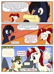 Size: 4000x5500 | Tagged: safe, artist:pananovich, derpibooru import, tag-a-long, oc, oc:shadowmoon, oc:silver draw, earth pony, pegasus, pony, unicorn, comic:b.d.s.m., absurd resolution, bag of money, comic, dialogue, female, filly scouts, freckles, magic, male, mare, shadraw, stallion