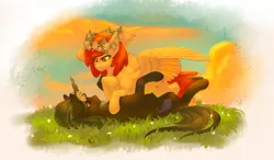 Size: 3415x2000 | Tagged: safe, artist:nightskrill, derpibooru import, oc, unofficial characters only, pegasus, pony, unicorn, colt, commission, female, floral head wreath, flower, grass, looking at each other, lying down, male, mare, oc x oc, on back, prone, shipping, smiling, straight