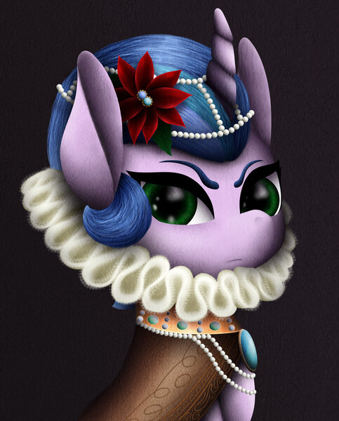 Size: 1024x1271 | Tagged: safe, artist:muddy-waters, derpibooru import, oc, oc:princess vesper, unofficial characters only, pony, clothes, collar, curved horn, dress, elizabethan, flower, flower in hair, ruff (clothing), solo