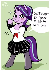 Size: 2480x3507 | Tagged: safe, artist:alvh-omega, derpibooru import, starlight glimmer, pony, unicorn, bipedal, clothes, cute, friendship, pleated skirt, rosie the riveter, school uniform, schoolgirl, simple background, skirt, solo, stockings, thigh highs, we can do it!