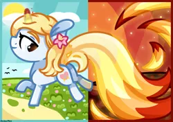 Size: 1709x1201 | Tagged: safe, artist:amberpone, derpibooru import, oc, oc:crystal summer, unofficial characters only, pegasus, pony, unicorn, blue, blue eyes, commission, cute, cutie mark, digital art, eyebrows, fanart, female, filly, fire, flower, food, grass, horn, long tail, magic, mane, mare, orange, original character do not steal, paint tool sai, painttoolsai, pink, red, running, smiling, spell, tail, white, yellow