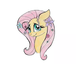 Size: 1519x1288 | Tagged: safe, artist:sonic-spatula, derpibooru import, fluttershy, pony, bust, cute, flower, flower in hair, looking at you, looking sideways, portrait, shyabetes, simple background, smiling, solo, stray strand, traditional art, white background