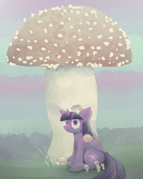 Size: 800x1000 | Tagged: safe, artist:tilling-tan, derpibooru import, twilight sparkle, twilight sparkle (alicorn), alicorn, pony, amanita, colored pupils, crying, fly agaric, giant mushroom, looking at you, mushroom, sitting, solo, teary eyes