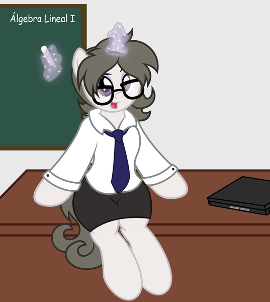 Size: 2083x2329 | Tagged: artist:digiqrow, chalk, chalkboard, clothes, computer, cute, derpibooru import, desk, glasses, laptop computer, levitation, looking at you, magic, necktie, oc, ocbetes, oc:solaria, safe, semi-anthro, shirt, skirt, solo, telekinesis, unofficial characters only, vector