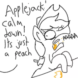 Size: 1280x1280 | Tagged: safe, artist:tjpones, derpibooru import, applejack, earth pony, pony, aaaaaaaaaa, dialogue, eating, food, offscreen character, partial color, peach, screaming, simple background, solo, white background