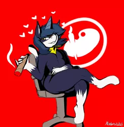 Size: 1280x1314 | Tagged: anthro, artist:murder, chair, cigar, clothes, cosplay, costume, crossed legs, derpibooru import, explicit source, heart, neckerchief, oc, office chair, persona, persona 5, sitting, smoking, solo, suggestive, unguligrade anthro, unofficial characters only