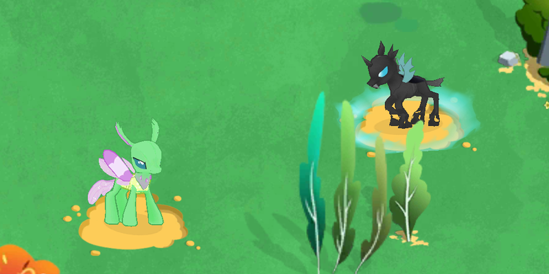 Size: 1000x500 | Tagged: background changeling, canterlot, changedling, changeling, comparison, derpibooru import, duo, gameloft, game screencap, safe, screenshots, to where and back again