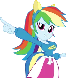 Size: 893x1024 | Tagged: suggestive, artist:drweb70, artist:wanderingeditor, derpibooru import, edit, rainbow dash, equestria girls, big breasts, breast edit, breasts, busty rainbow dash, canterlot high, cleavage, clothes, cute, dashabetes, fake tail, female, helping twilight win the crown, huge breasts, pony ears, school spirit, simple background, skirt, smiling, solo, sweater, transparent background, vector, wondercolts