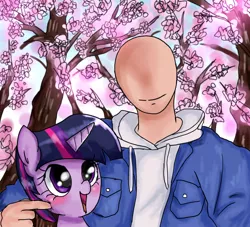 Size: 850x772 | Tagged: safe, artist:ehfkdl569, derpibooru import, twilight sparkle, human, pony, unicorn, blushing, cheek squish, cherry blossoms, cherry tree, clothes, cute, faceless male, flower, flower blossom, hoodie, horn, jacket, male, offscreen character, poking, smiling, squishy cheeks, tree