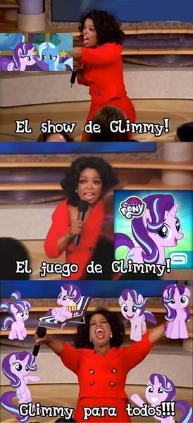 Size: 439x960 | Tagged: safe, derpibooru import, starlight glimmer, trixie, pony, unicorn, female, gameloft, mare, meme, multeity, oprah winfrey, spanish, starlight cluster, wow! glimmer