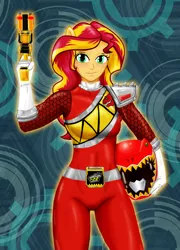 Size: 800x1109 | Tagged: safe, artist:aprion, derpibooru import, sunset shimmer, equestria girls, clothes, cosplay, costume, crossover, dino charge, female, gaburivolver, gun, helmet, kyoryured, looking at you, morpher, ponied up, power rangers, power rangers dino charge, red ranger, saban, solo, super sentai, weapon, zyuden sentai kyoryuger