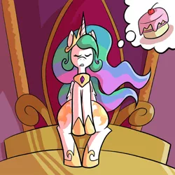 Size: 576x576 | Tagged: safe, artist:pembroke, derpibooru import, princess celestia, alicorn, pony, both cutie marks, cake, cakelestia, eyes closed, fat ass, food, thick, thiklestia, thinking, thought bubble, throne