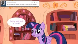 Size: 1280x720 | Tagged: safe, artist:hakunohamikage, derpibooru import, twilight sparkle, twilight sparkle (alicorn), alicorn, pony, ask-princesssparkle, ask, book, golden oaks library, solo, tumblr