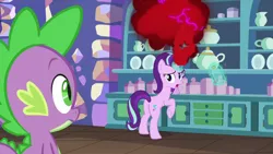 Size: 1280x720 | Tagged: safe, derpibooru import, screencap, spike, starlight glimmer, dragon, pony, all bottled up, anger magic, eyes on the prize, female, magic, mare, plot