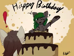 Size: 4000x3000 | Tagged: safe, artist:polakz, derpibooru import, oc, oc:hartenas, oc:sushi, unofficial characters only, pony, birthday, birthday cake, cake, chocolate, food, happy birthday, pop out cake