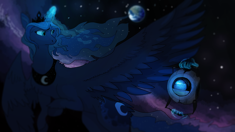 Size: 4575x2573 | Tagged: dead source, safe, artist:umbachhia, derpibooru import, princess luna, alicorn, pony, absurd resolution, crossover, hand, magic, magic hands, nebula, personality core, portal (valve), space, stars, telekinesis, wheatley