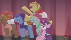 Size: 1920x1080 | Tagged: safe, derpibooru import, screencap, feather bangs, glamor trot, smooth vibes, stereo mix, sugar belle, pony, hard to say anything, backup dancers, battle for sugar belle