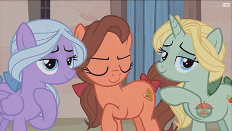 Size: 457x257 | Tagged: safe, derpibooru import, screencap, dear darling, fond feather, swoon song, earth pony, pegasus, pony, unicorn, hard to say anything, animated, background pony, bimbettes, bow, female, gif, hair bow, laughing, laughingmares.jpg, one eye closed, tail bow, trio, trio female, waving, wink