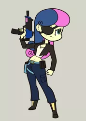 Size: 1142x1600 | Tagged: safe, artist:khuzang, derpibooru import, bon bon, sweetie drops, human, equestria girls, badass, belly button, breasts, cleavage, clothes, equestrian city, eyepatch, female, gray background, gun, humanized, midriff, mp7, pants, scar, secret agent sweetie drops, serious, serious face, simple background, solo, submachinegun, weapon