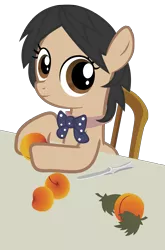 Size: 5345x8098 | Tagged: safe, artist:lykas13, derpibooru import, ponified, earth pony, pony, absurd resolution, bowtie, female, filly, fine art parody, food, girl with peaches, knife, leaf, looking at you, mare, parody, peach, simple background, smiling, solo, transparent background, vector