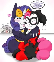 Size: 1576x1797 | Tagged: safe, artist:blackbewhite2k7, derpibooru import, fluttershy, pinkie pie, rarity, pony, angry, blushing, catwoman, comforting, crossover, cuddling, female, harley quinn, heart, hug, jealous, lesbian, licking, pinkie quinn, platonic, platonic cuddling, poison ivyshy, raricat, raripie, shipping, tongue out