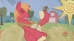 Size: 1236x694 | Tagged: safe, derpibooru import, screencap, big macintosh, earth pony, pony, hard to say anything, animation error, banjo, battle for sugar belle, male, missing cutie mark, musical instrument, solo, stallion