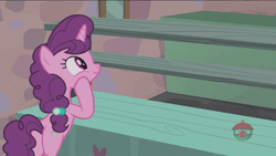 Size: 600x338 | Tagged: safe, derpibooru import, screencap, sugar belle, pony, hard to say anything, animated, cute, display case, draw me like one of your french girls, female, gif, mare, plot, solo, sugarbetes, treehouse logo