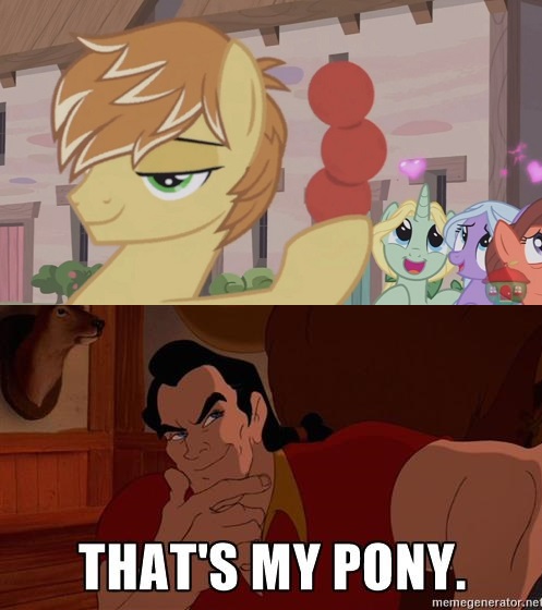 Size: 497x560 | Tagged: safe, derpibooru import, edit, edited screencap, screencap, dear darling, feather bangs, fond feather, swoon song, pony, hard to say anything, beauty and the beast, bimbettes, disney, exploitable meme, gaston, image macro, meme, that's my pony, that's my x