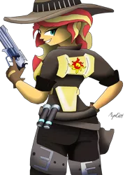 Size: 1024x1357 | Tagged: safe, artist:missmayaleanne, derpibooru import, sunset shimmer, equestria girls, crossover, grin, gun, jesse mccree, looking at you, overwatch, simple background, smiling, solo, transparent background, weapon