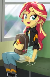 Size: 500x760 | Tagged: safe, artist:ta-na, derpibooru import, sunset shimmer, human, equestria girls, backpack, bronybait, bus, clothes, cute, female, jacket, leather jacket, looking at you, open mouth, school bus, schoolbag, seat, shimmerbetes, sitting, solo