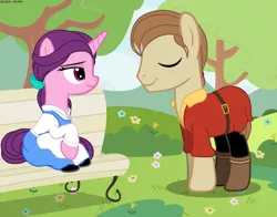 Size: 7427x5808 | Tagged: safe, artist:asika-aida, derpibooru import, feather bangs, sugar belle, earth pony, pony, unicorn, hard to say anything, absurd resolution, beauty and the beast, belle, clothes, crossover, disney, duo, gaston, smiling, unamused